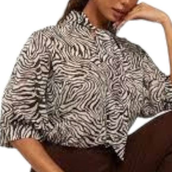 Samsoe Samsoe Dorothe Chocolate Brown  Zebra Print Tie Neck Blouse Large - Picture 1 of 13